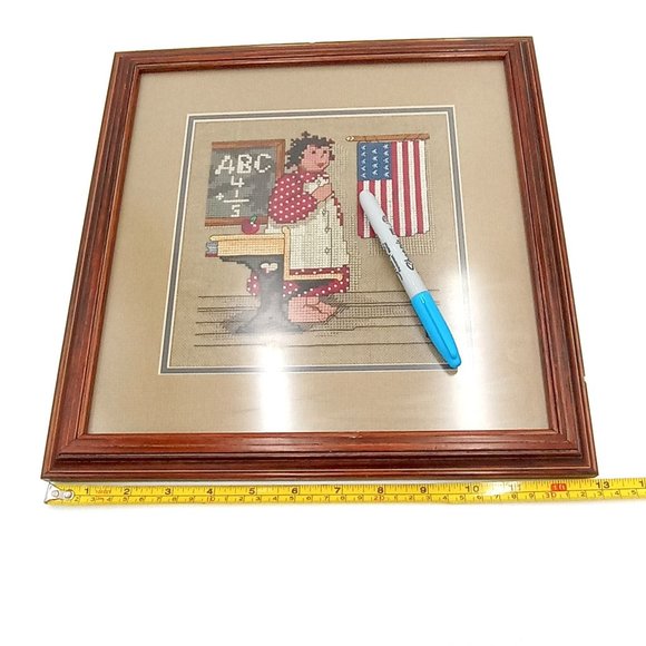 Prim School Room Framed Cross Stitch Art Americana USA Flag Desk Grandmacore Wal - Picture 10 of 11